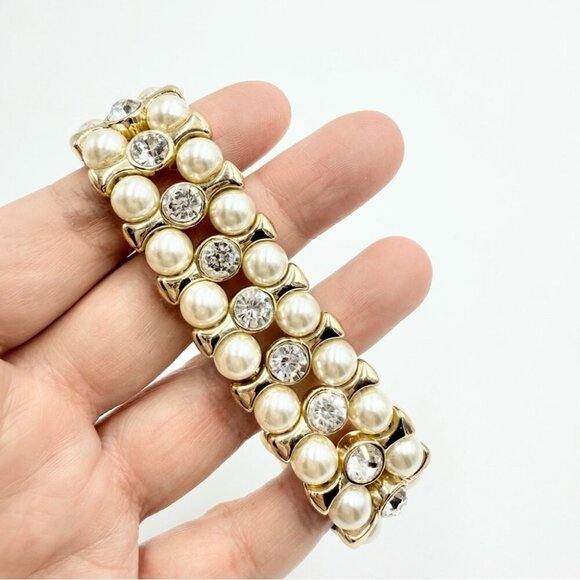 Monet Gold Tone Rhinestones Faux Pearl Stretch Bracelet - Picture 3 of 8